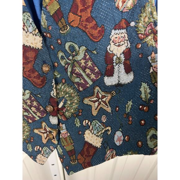 Backroad Blues Christmas Tapestry Waistcoat Vest Old World Santa blue Small - Picture 4 of 9